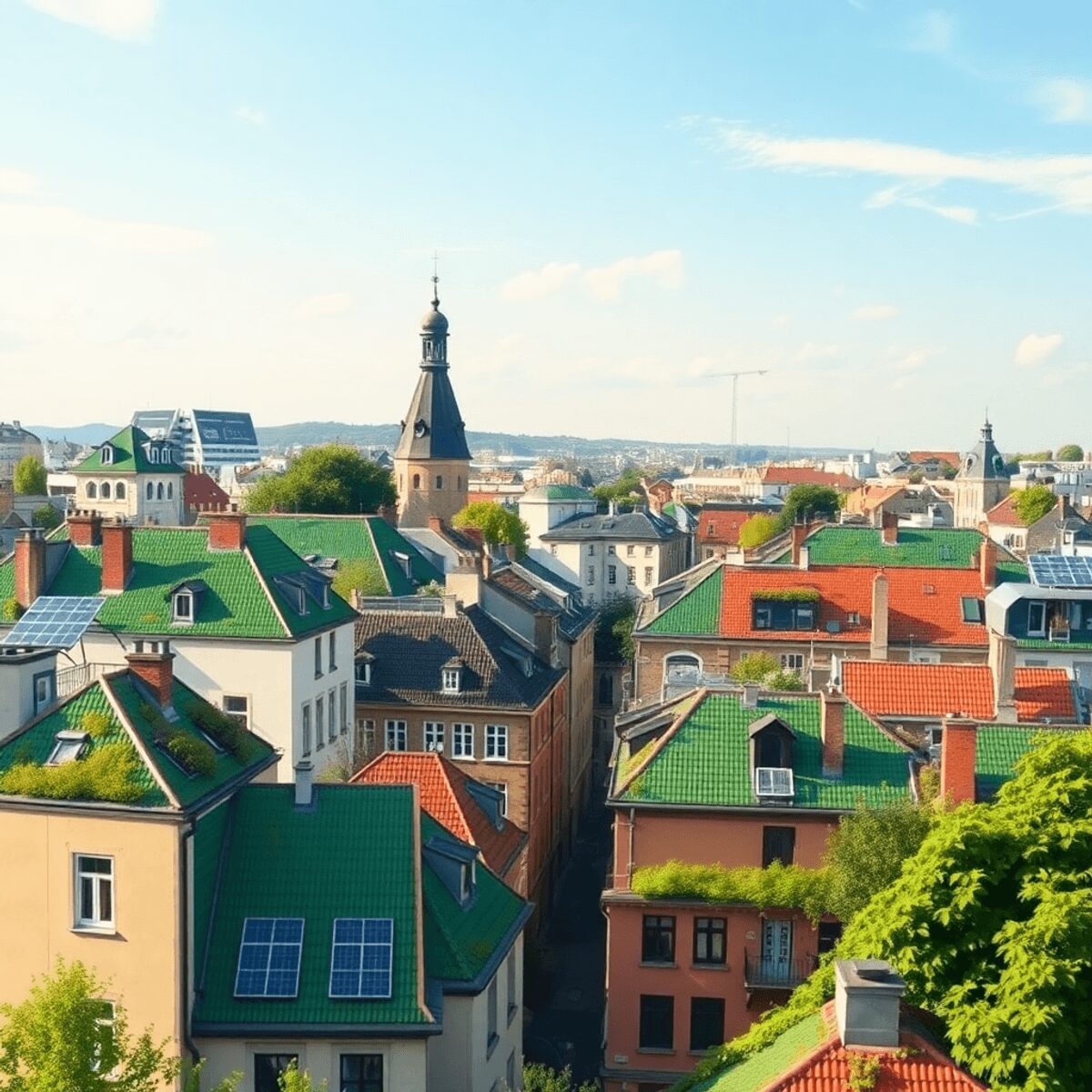 Paysage urbain européen moderne avec des toits verts, des panneaux solaires et des bâtiments écologiques sous un ciel dégagé, mettant en avant la d...
