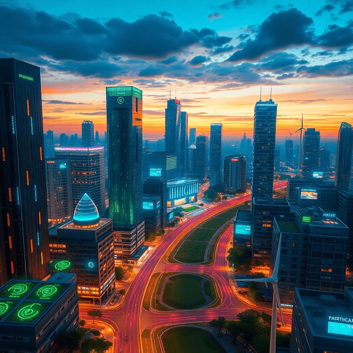 Paysage urbain futuriste au crépuscule avec des bâtiments intelligents lumineux, des espaces verts, des éoliennes et des interfaces numériques mett...