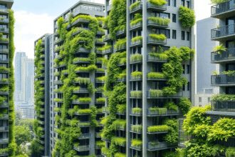 Paysage urbain moderne avec des bâtiments résidentiels élégants présentant des fermes verticales sur les façades, des plantes vertes luxuriantes po...