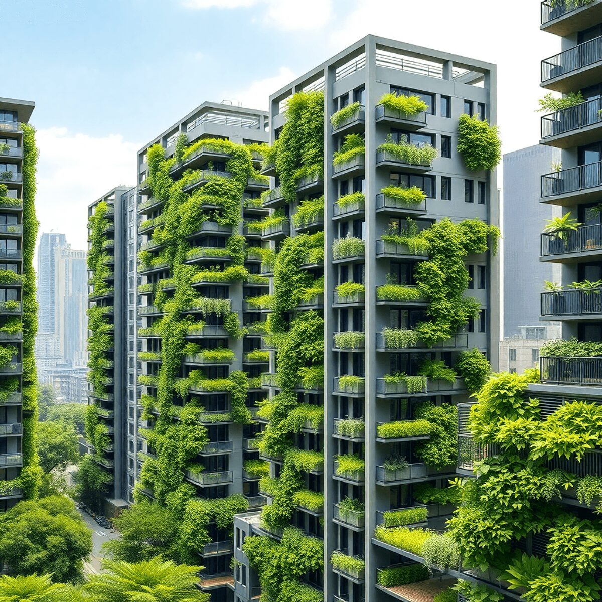 Paysage urbain moderne avec des bâtiments résidentiels élégants présentant des fermes verticales sur les façades, des plantes vertes luxuriantes po...