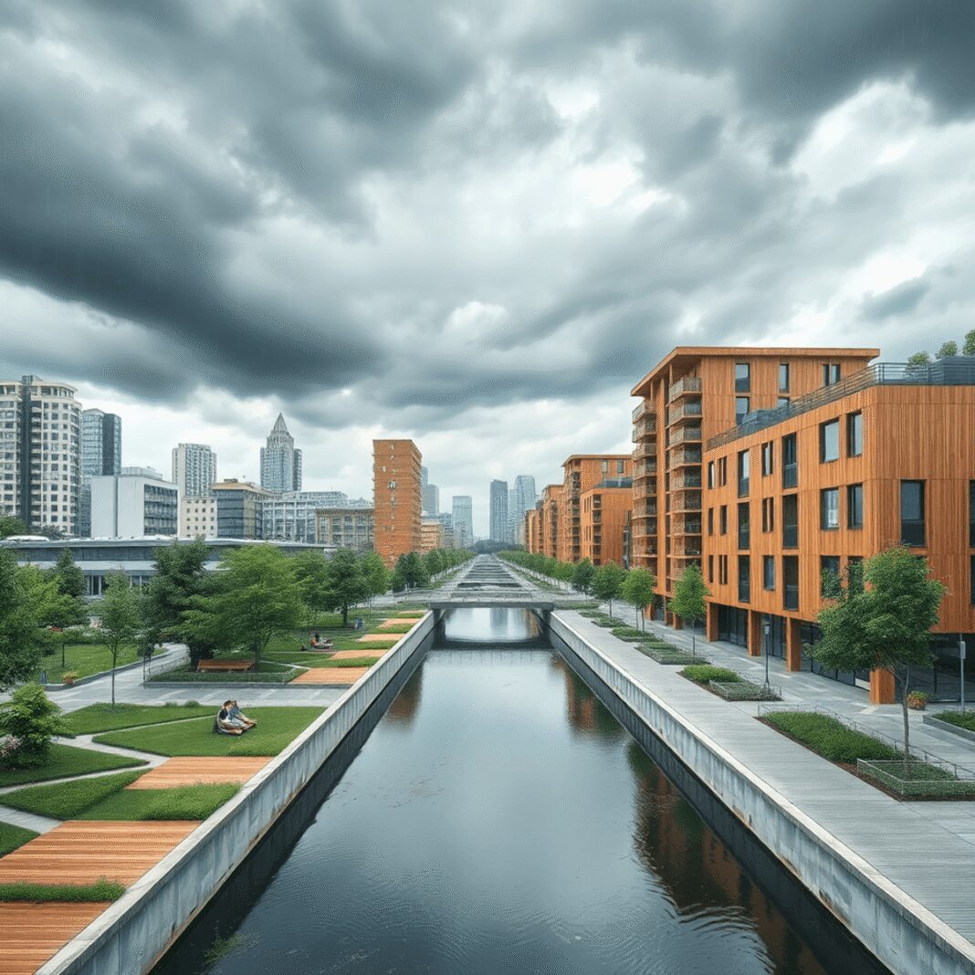 L’aménagement résilient face aux risques d’inondation en zone urbaine dense Paysage urbain moderne avec des bâtiments résilients aux inondations, des espaces verts, des surfaces perméables et un ciel nuageux dramatique symb...