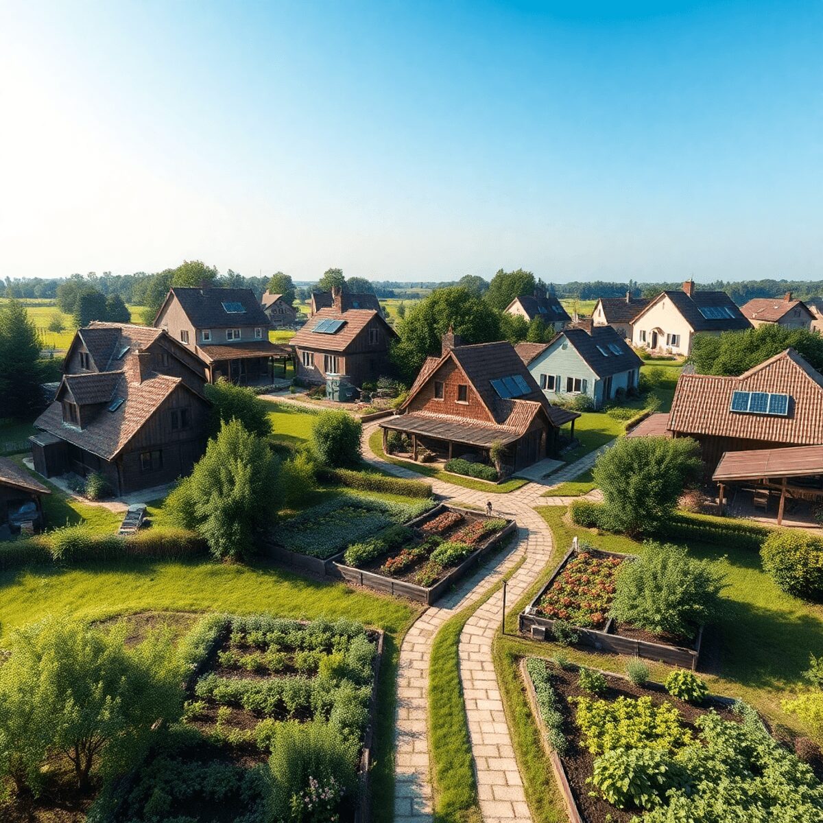 Quartier écologique avec des maisons équipées de panneaux solaires, des jardins verdoyants, des sentiers de promenade et des arbres luxuriants sous...