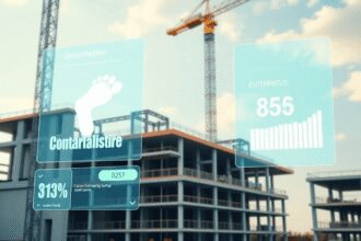 Site de construction avec des superpositions numériques affichant l'empreinte carbone et des indicateurs de durabilité, mettant en évidence les pra...