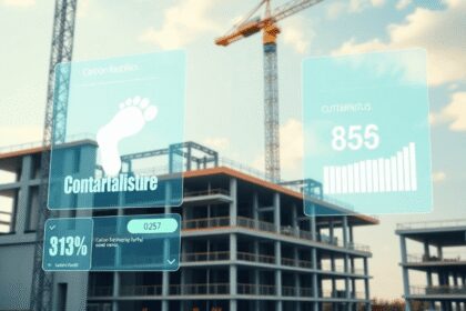 Site de construction avec des superpositions numériques affichant l'empreinte carbone et des indicateurs de durabilité, mettant en évidence les pra...