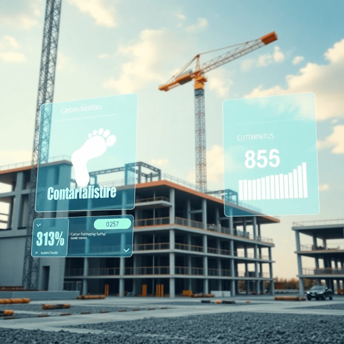 Site de construction avec des superpositions numériques affichant l'empreinte carbone et des indicateurs de durabilité, mettant en évidence les pra...