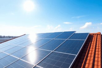Toit-terrasse avec des panneaux solaires hybrides élégants sous un ciel ensoleillé, mettant en valeur une technologie moderne d'énergie renouvelable.