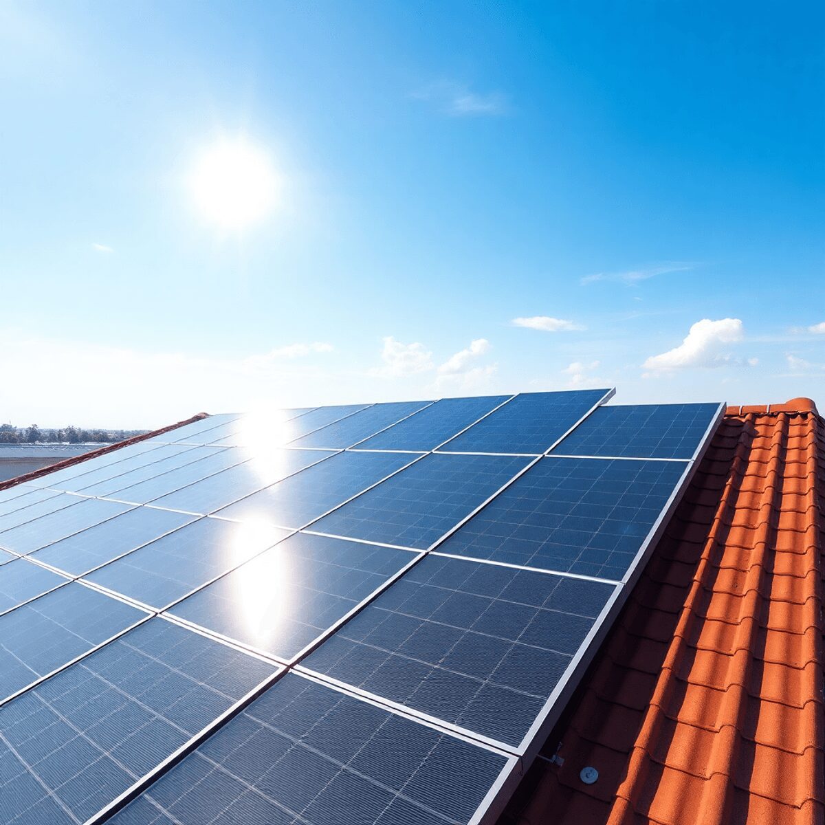 Toit-terrasse avec des panneaux solaires hybrides élégants sous un ciel ensoleillé, mettant en valeur une technologie moderne d'énergie renouvelable.