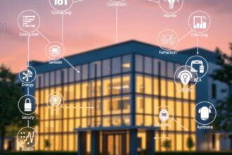Un bâtiment intelligent moderne au crépuscule avec des lumières scintillantes, entouré d'icônes numériques pour l'IoT, les capteurs, l'optimisation...