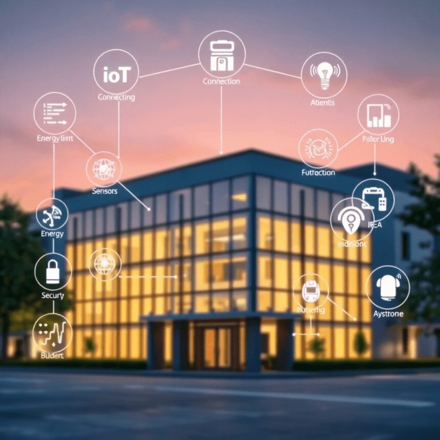 Un bâtiment intelligent moderne au crépuscule avec des lumières scintillantes, entouré d'icônes numériques pour l'IoT, les capteurs, l'optimisation...