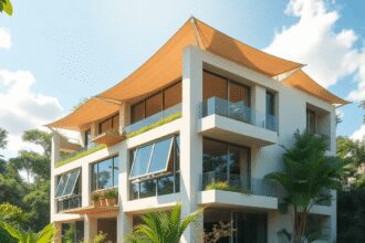 Un bâtiment moderne écologique avec des fenêtres ouvertes et un ombrage, entouré d'une verdure luxuriante sous un ciel d'été ensoleillé.