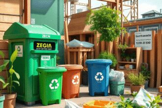 Un chantier de construction animé mettant en valeur des matériaux écologiques, des bacs de recyclage, des composteurs et de la verdure, soulignant ...