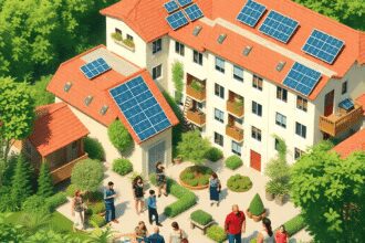Un complexe résidentiel écologique vibrant avec des panneaux solaires, de la verdure et des personnes diverses profitant d'espaces extérieurs durab...
