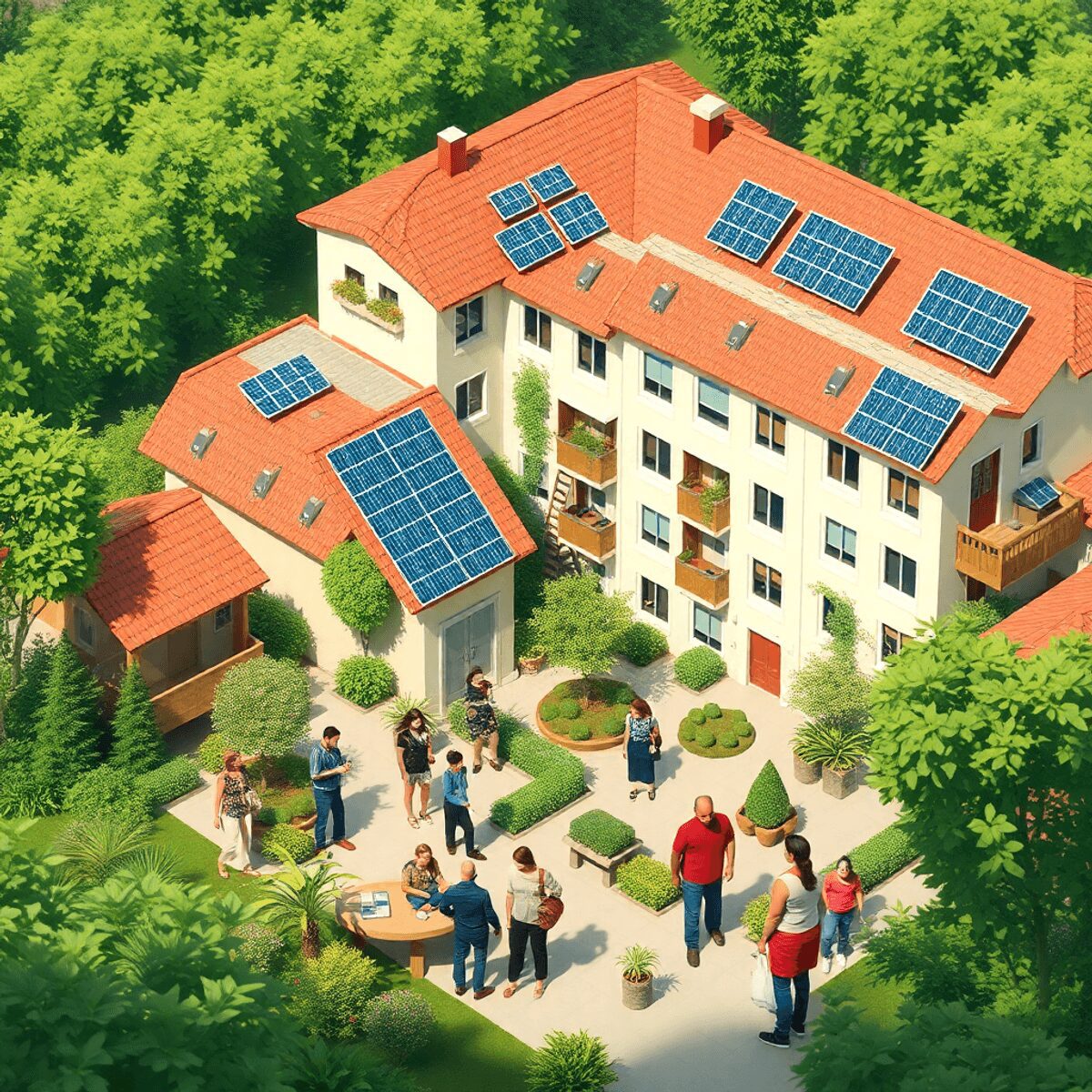 Un complexe résidentiel écologique vibrant avec des panneaux solaires, de la verdure et des personnes diverses profitant d'espaces extérieurs durab...