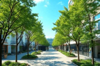 Un espace urbain vibrant avec des arbres verts, des allées ombragées et des bâtiments écologiques sous un ciel bleu clair, illustrant une planifica...