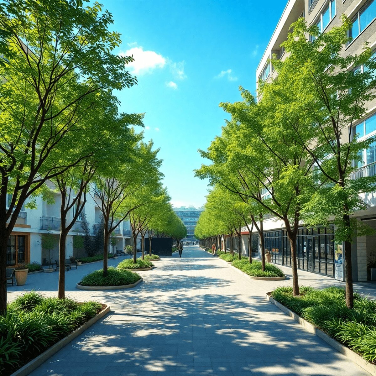 Un espace urbain vibrant avec des arbres verts, des allées ombragées et des bâtiments écologiques sous un ciel bleu clair, illustrant une planifica...