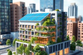 Un modèle architectural 3D d'un bâtiment durable doté de panneaux solaires et de verdure, situé dans un environnement urbain dynamique, mettant en ...