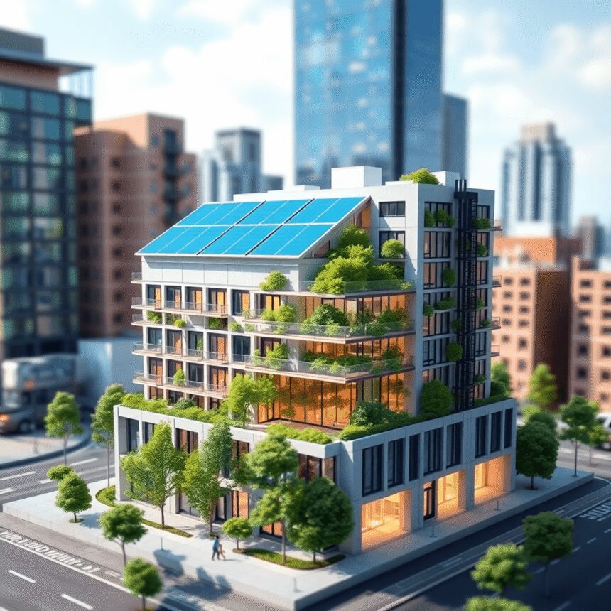 Un modèle architectural 3D d'un bâtiment durable doté de panneaux solaires et de verdure, situé dans un environnement urbain dynamique, mettant en ...
