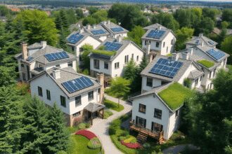 Un quartier moderne avec des maisons écologiques dotées de panneaux solaires et de toits végétalisés, entouré de jardins luxuriants et de verdure.