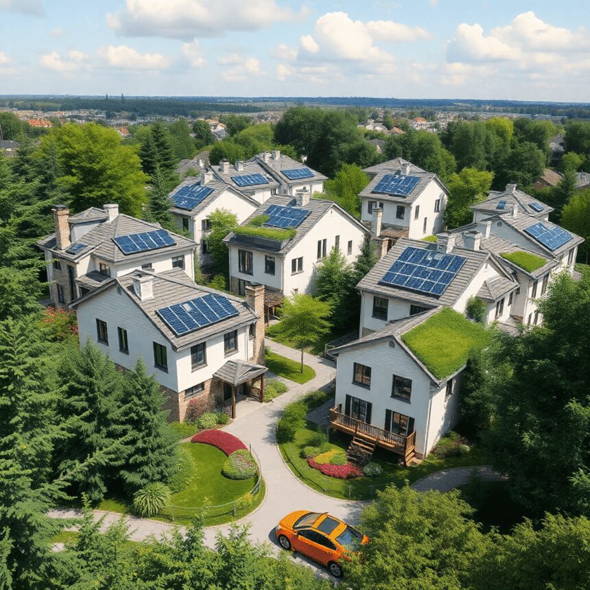 Un quartier moderne avec des maisons écologiques dotées de panneaux solaires et de toits végétalisés, entouré de jardins luxuriants et de verdure.