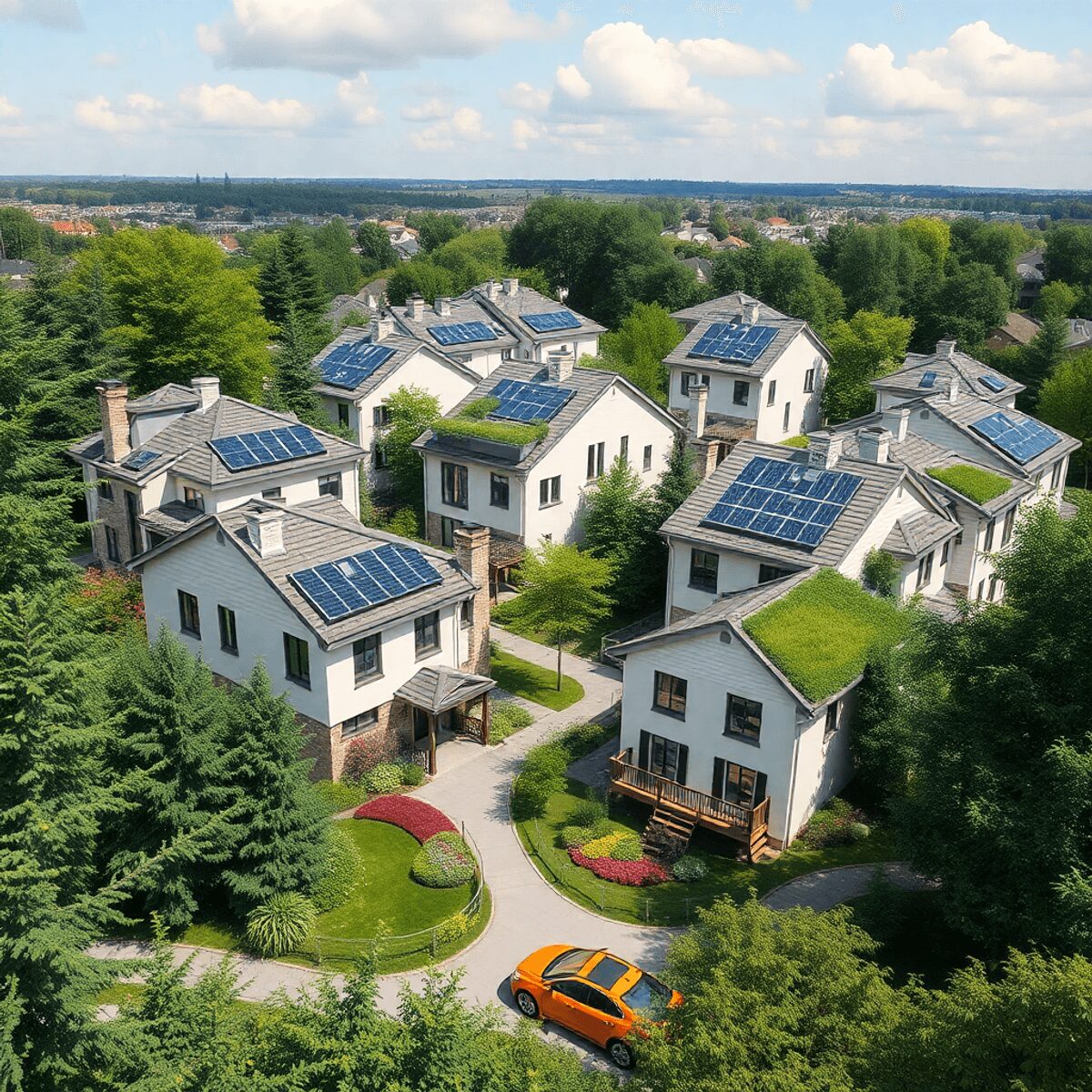Un quartier moderne avec des maisons écologiques dotées de panneaux solaires et de toits végétalisés, entouré de jardins luxuriants et de verdure.