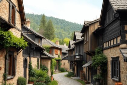 Un village rural pittoresque avec des maisons en pierre et en bois entourées de verdure, mettant en valeur une architecture historique et des carac...
