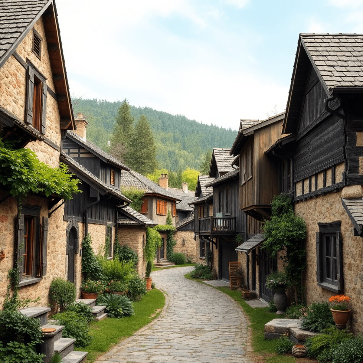 Un village rural pittoresque avec des maisons en pierre et en bois entourées de verdure, mettant en valeur une architecture historique et des carac...