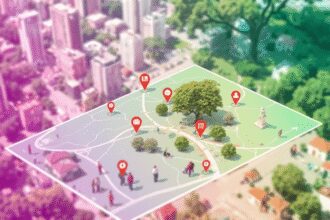 Une carte numérique superpose un paysage urbain rempli d'arbres, de bâtiments et de personnes utilisant des technologies, mettant en valeur des don...