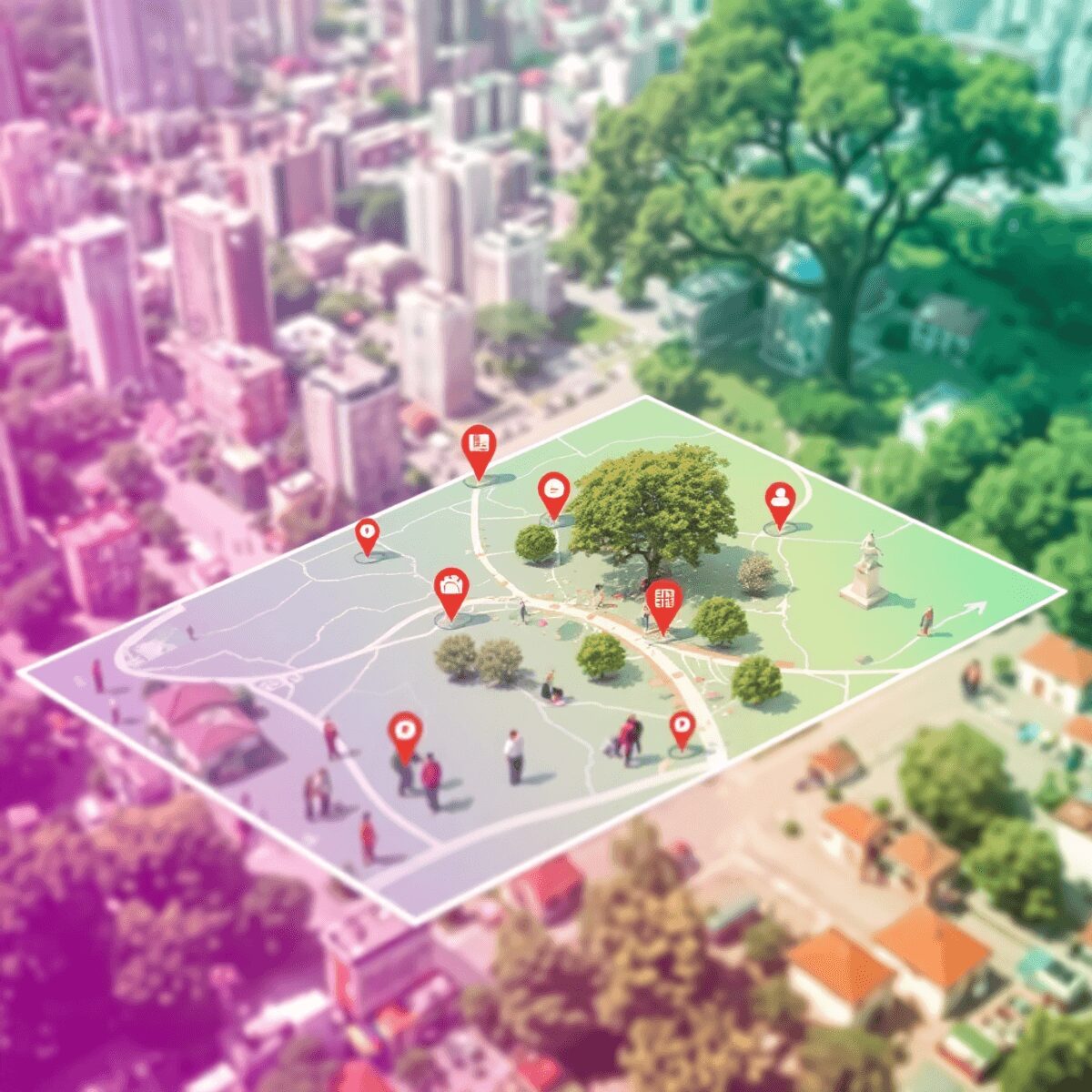 Une carte numérique superpose un paysage urbain rempli d'arbres, de bâtiments et de personnes utilisant des technologies, mettant en valeur des don...