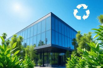 Bâtiment commercial moderne avec des plantes vertes, des symboles de recyclage et des icônes écologiques sous un ciel bleu vif, représentant la dur...