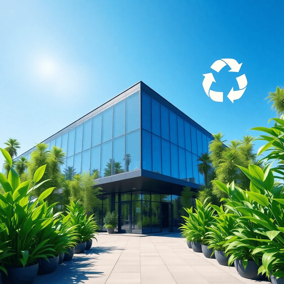 Bâtiment commercial moderne avec des plantes vertes, des symboles de recyclage et des icônes écologiques sous un ciel bleu vif, représentant la dur...