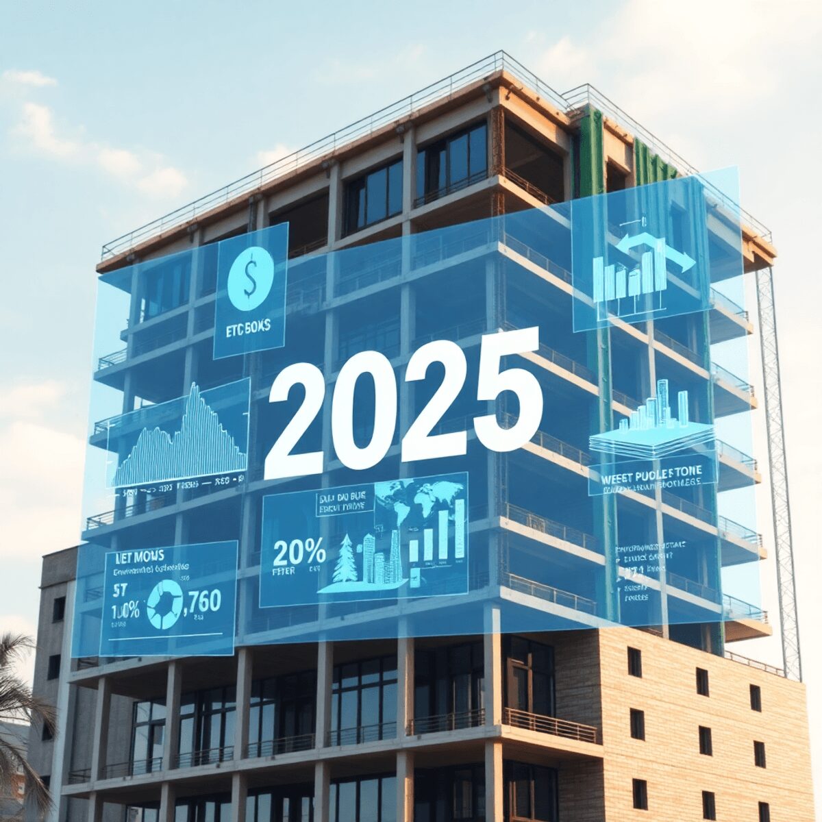 Bâtiment durable moderne en construction avec des superpositions holographiques numériques de données environnementales et de modèles BIM contre un...