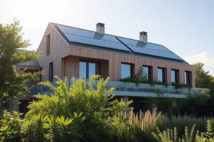Bâtiment moderne durable avec panneaux solaires et ventilation naturelle, entouré de verdure sous un soleil éclatant, illustrant l'architecture éco...