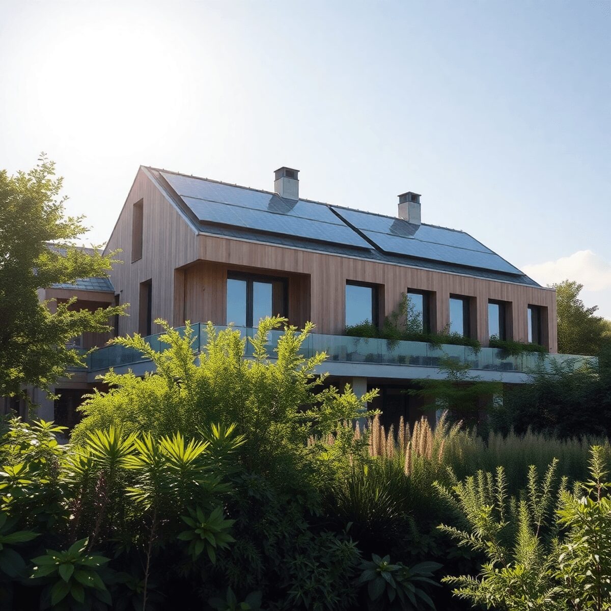 Bâtiment moderne durable avec panneaux solaires et ventilation naturelle, entouré de verdure sous un soleil éclatant, illustrant l'architecture éco...