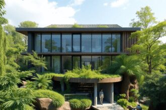 Bâtiment moderne durable avec verdure, systèmes de recyclage des eaux visibles et gouttes d'eau propres symbolisant la réutilisation des eaux grise...