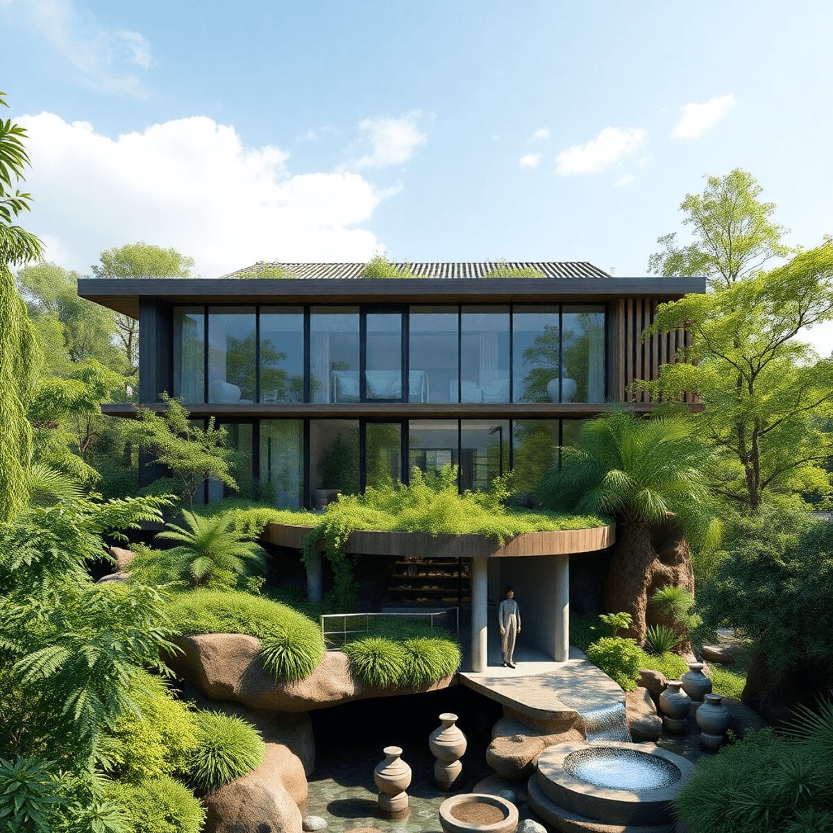Bâtiment moderne durable avec verdure, systèmes de recyclage des eaux visibles et gouttes d'eau propres symbolisant la réutilisation des eaux grise...