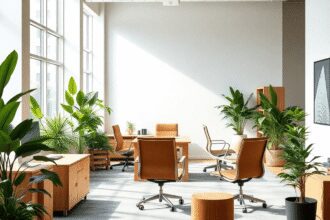 Bureau moderne et lumineux avec des meubles en matière naturelle, des plantes vertes et de grandes fenêtres ensoleillées, mettant en avant la durab...