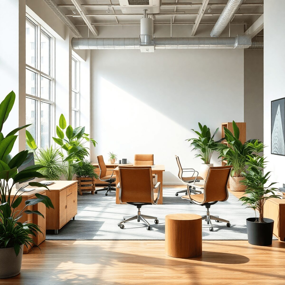 Bureau moderne et lumineux avec des meubles en matière naturelle, des plantes vertes et de grandes fenêtres ensoleillées, mettant en avant la durab...