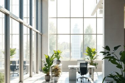Bureau moderne lumineux avec de grandes fenêtres, lumière naturelle, plantes vertes et éléments de design écologiques créant un espace de travail a...