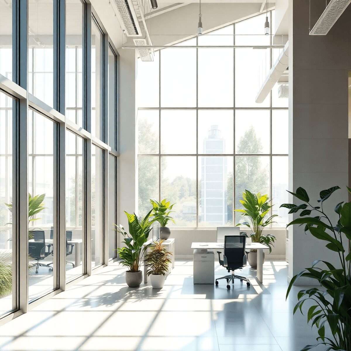 Bureau moderne lumineux avec de grandes fenêtres, lumière naturelle, plantes vertes et éléments de design écologiques créant un espace de travail a...