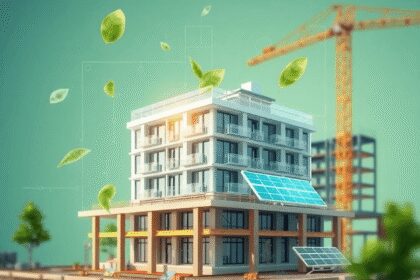 Chantier de construction avec superposition d'un modèle de bâtiment numérique 3D, feuilles vertes et panneaux solaires mettant en avant la construc...