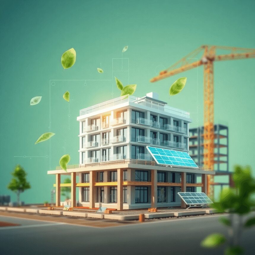 Chantier de construction avec superposition d'un modèle de bâtiment numérique 3D, feuilles vertes et panneaux solaires mettant en avant la construc...