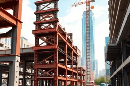 Chantier de construction urbaine avec des poutres en acier réutilisées et des pièces métalliques modulaires, skyline de la ville en arrière-plan so...