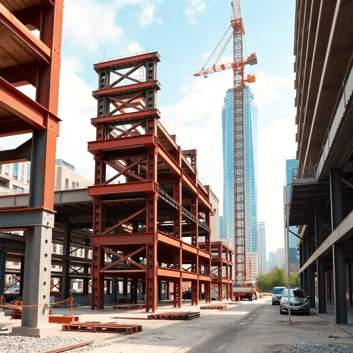 Chantier de construction urbaine avec des poutres en acier réutilisées et des pièces métalliques modulaires, skyline de la ville en arrière-plan so...