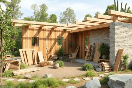 Chantier de construction utilisant des matériaux en bois et en pierre avec des outils écologiques, entouré de verdure sous un ciel dégagé dans un s...