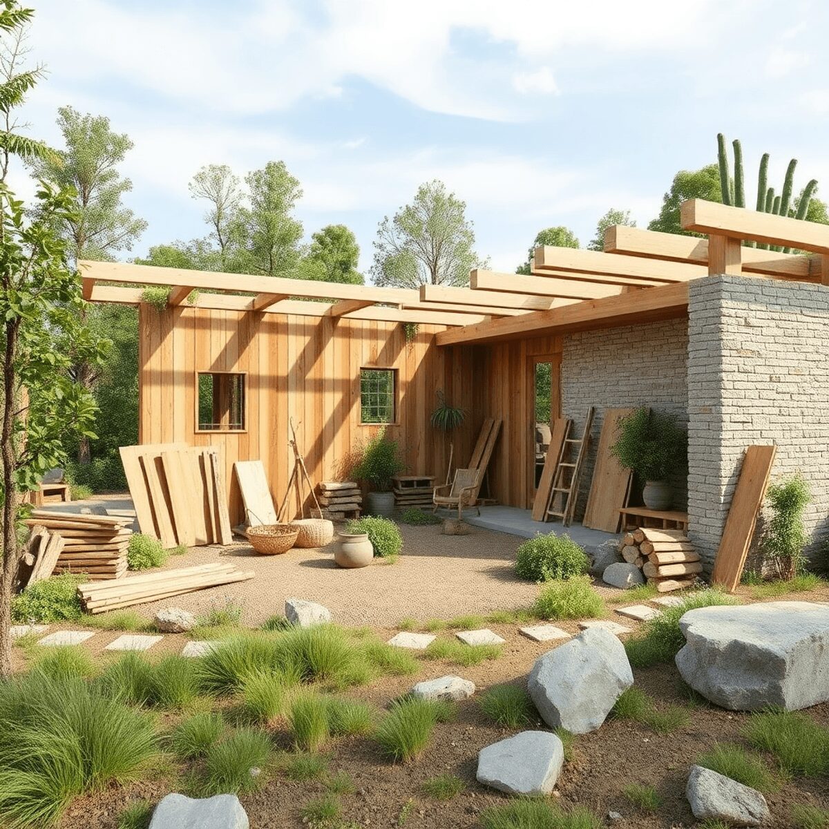 Chantier de construction utilisant des matériaux en bois et en pierre avec des outils écologiques, entouré de verdure sous un ciel dégagé dans un s...