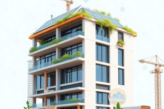 Construction d'un bâtiment moderne et durable avec des panneaux solaires, de la végétation sur le toit, des matériaux écologiques et des icônes num...