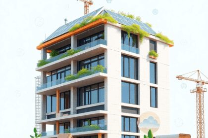 Construction d'un bâtiment moderne et durable avec des panneaux solaires, de la végétation sur le toit, des matériaux écologiques et des icônes num...