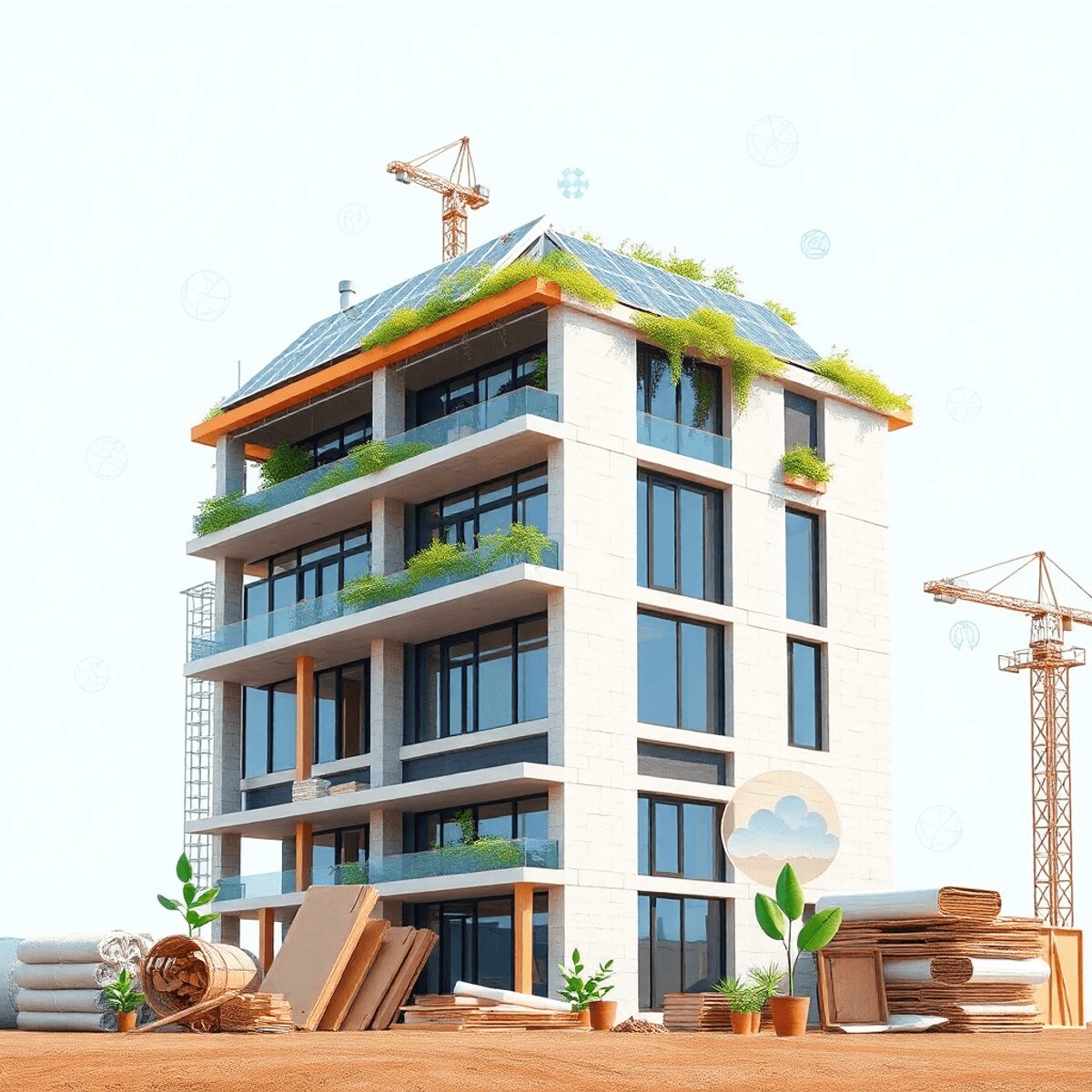 Construction d'un bâtiment moderne et durable avec des panneaux solaires, de la végétation sur le toit, des matériaux écologiques et des icônes num...