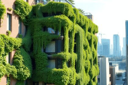 Façade moderne d'un bâtiment urbain recouverte de plantes vertes et de vignes, mettant en valeur une architecture durable contre un paysage urbain ...