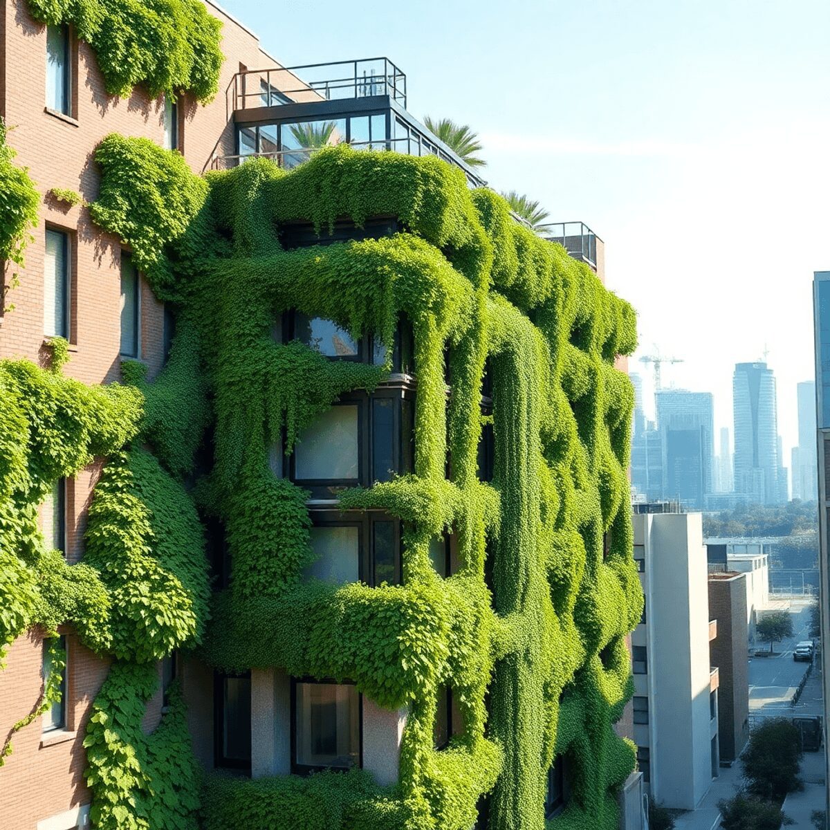 Façade moderne d'un bâtiment urbain recouverte de plantes vertes et de vignes, mettant en valeur une architecture durable contre un paysage urbain ...